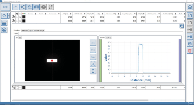 Surface brilliance module showing numeric results,
measurement images and graph.