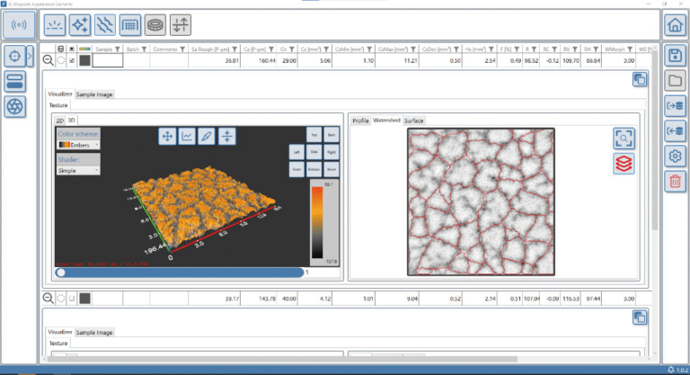 Texture module with numeric results, surface
topography and segmented map.